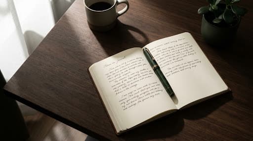Open notebook and pen on a workplace desk